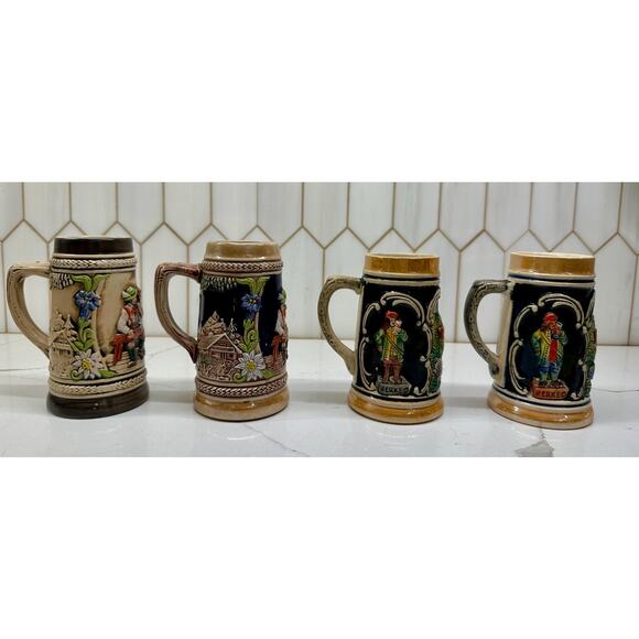 Four Vintage Short‎ German Beer Steins, 2 marked Original Gerzit, West Germany - Picture 2 of 5